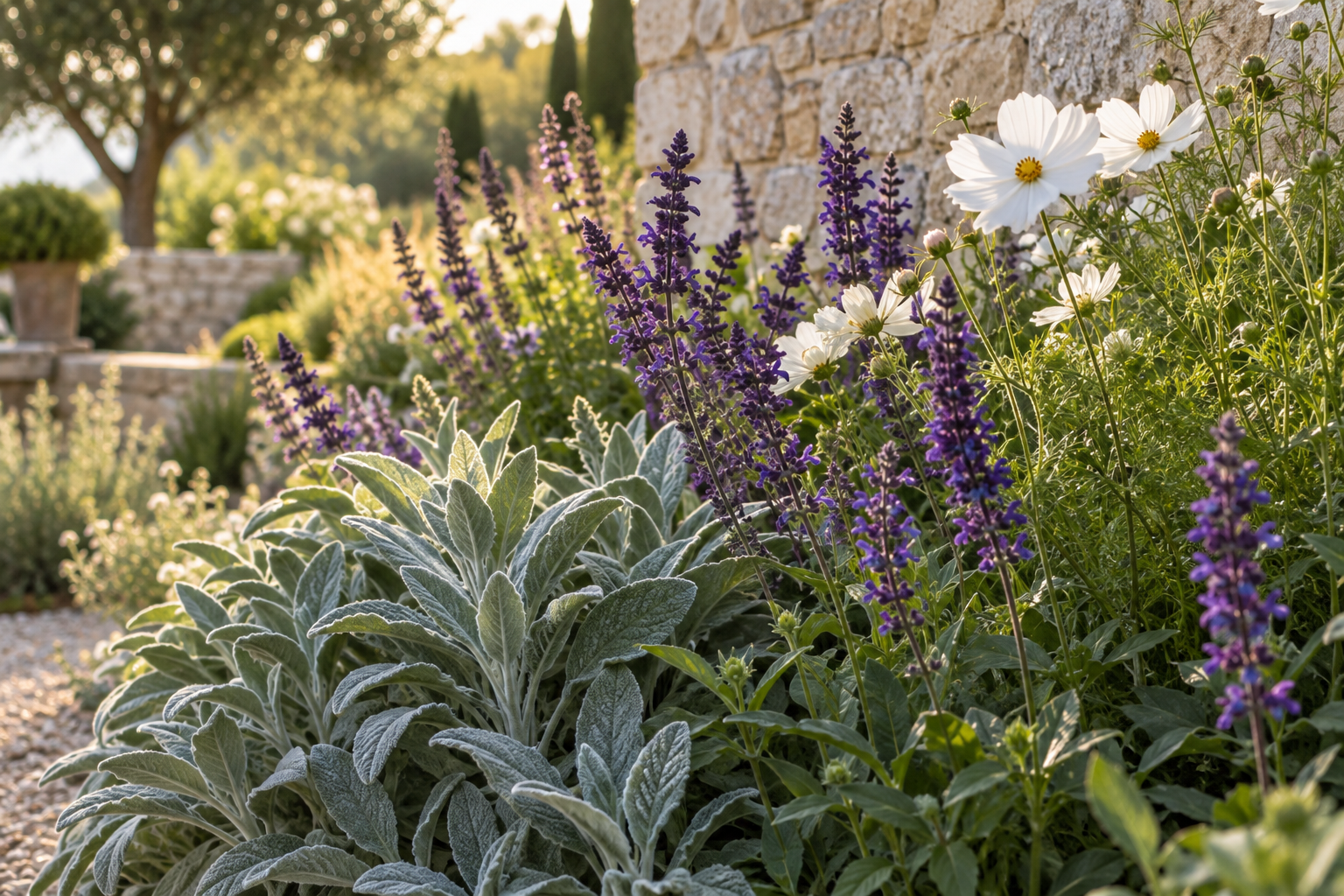 Flowers and foliage against a pale stone wall